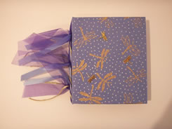 Hand-made book with gold Dragonfly's on cover and lace on spine of book